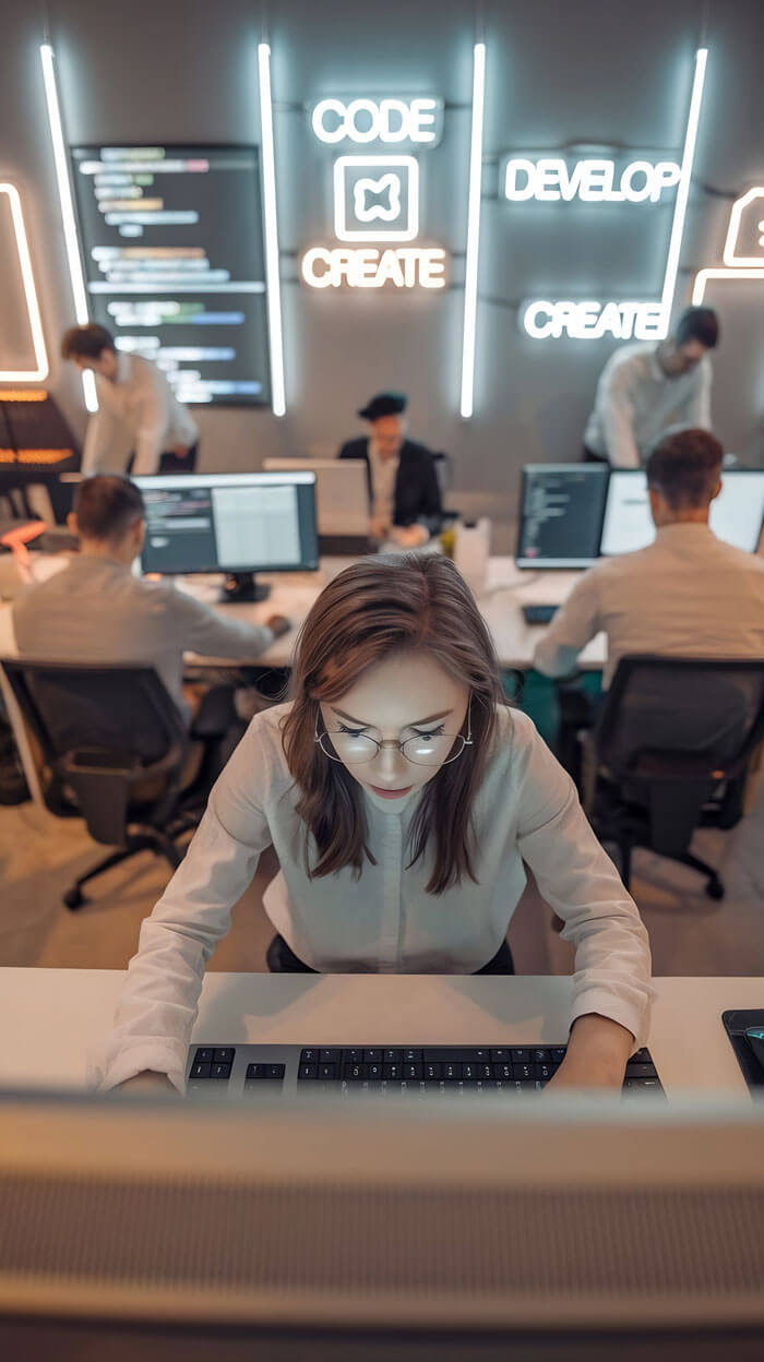 portrait female software developer writing code creative office with neon lights 1