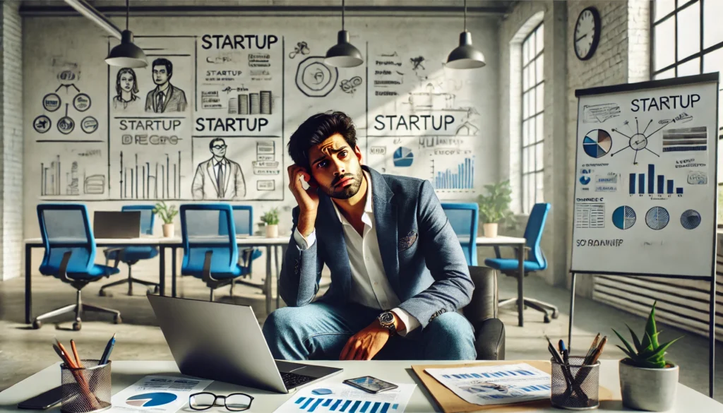 A realistic image of an Indian startup founder looking confused while sitting in a modern office